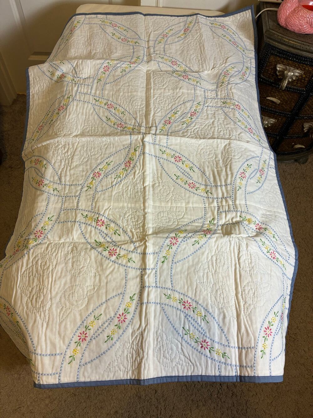 Vintage Hand Embroidered Crib Quilt Blue Pink Floral Cottagecore 34x51 Handmade